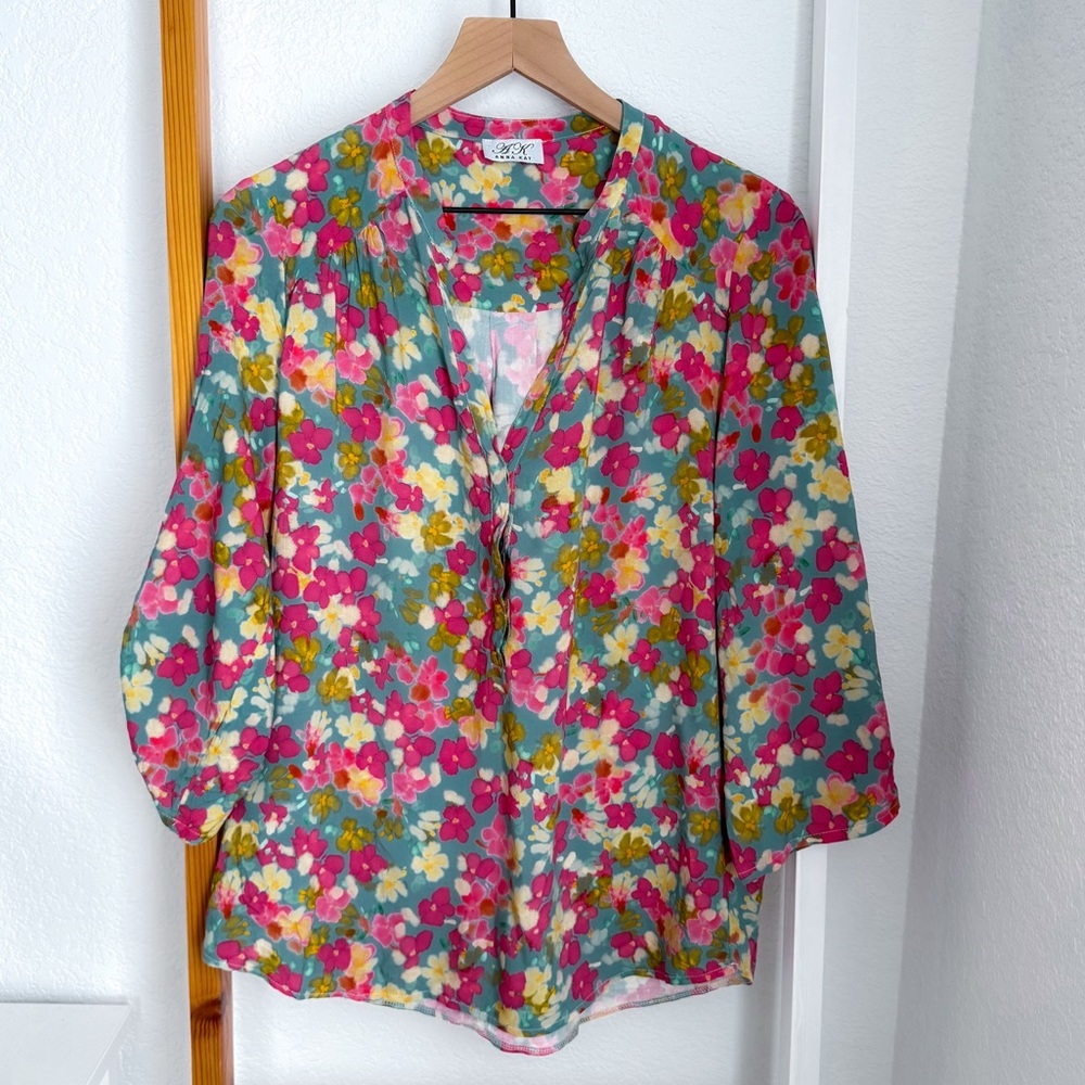 Anna Kay Blouse Floral Top Tunic Lightweight 3/4 Sleeves